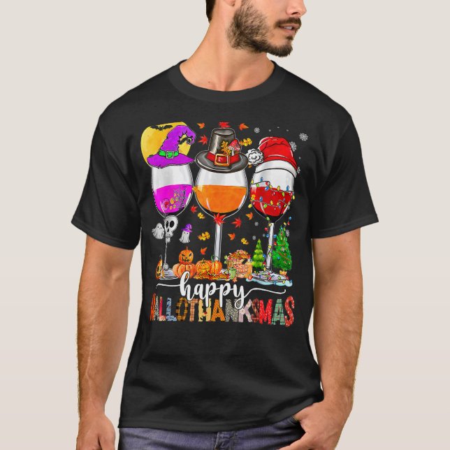 Happy Hallothanksmas Wine Glasses Witch Santa Hat  T-Shirt (Front)