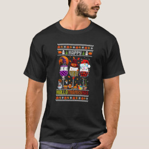 Happy Hallothanksmas Wine Glasses Witch Santa Hat  T-Shirt