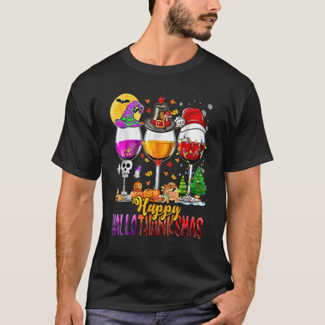 Happy Hallothanksmas Wine Glasses Witch Santa Pump T-Shirt (Front)