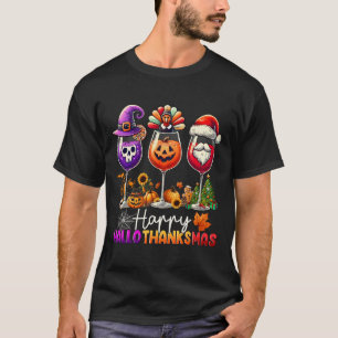 Happy Hallothanksmas Wine Halloween Thanksgiving C T-Shirt