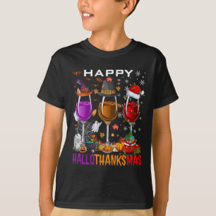 Happy Hallothanksmas Wine Halloween Thanksgiving C T-Shirt