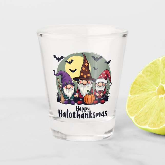 Happy Hallothanksmas Xmas Halloween Gnomes  Shot Glass (Front)