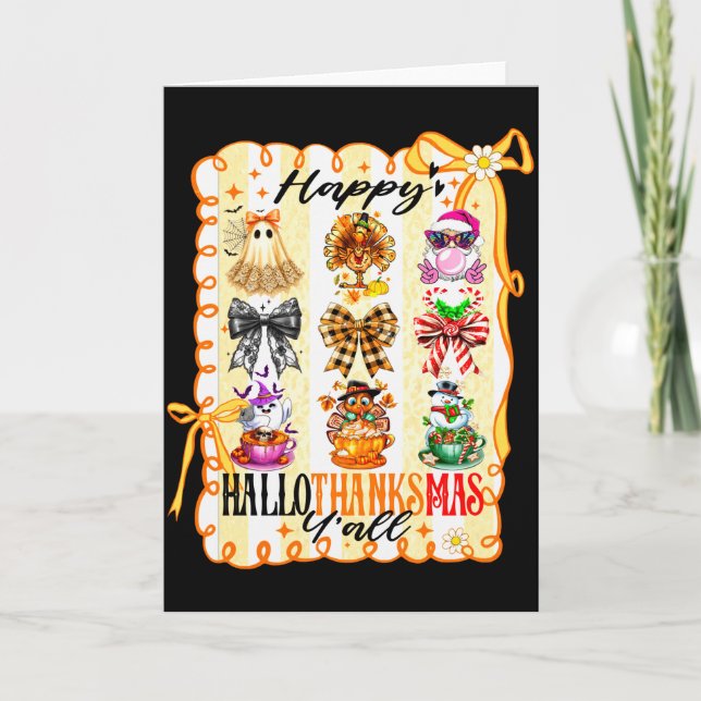 Happy Hallothanksmas Y’all Coquette Bow Halloween  Card (Front)