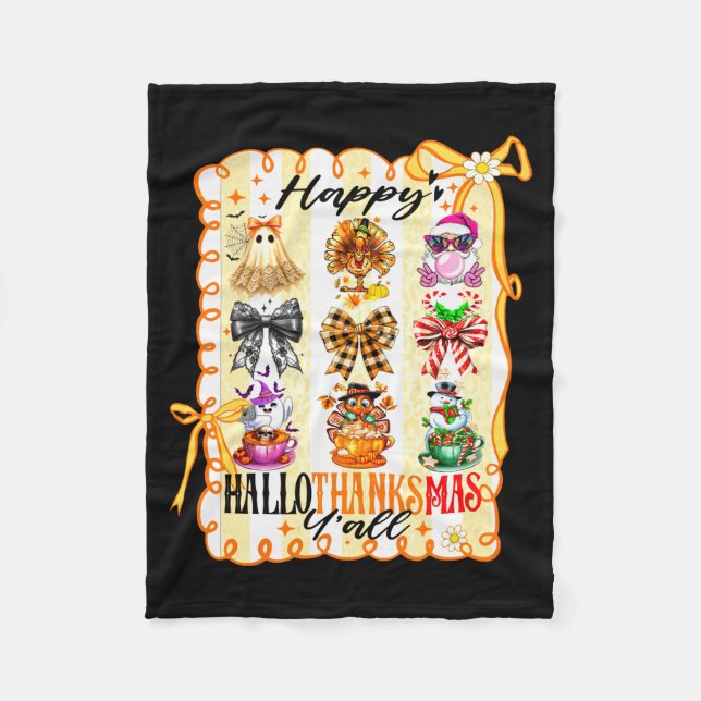 Happy Hallothanksmas Y’all Coquette Bow Halloween  Fleece Blanket (Front)