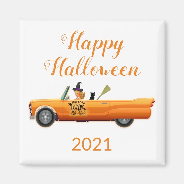 Happy Halloween 2021 Orange Car Witch Cat  Magnet (Front)