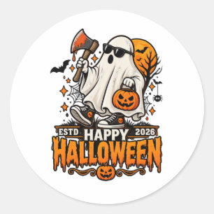 Happy Halloween 2026 Ghost with Sunglasses  Classic Round Sticker