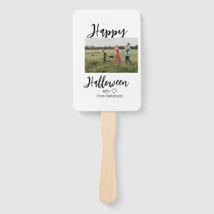 Happy Halloween add family name photo black simple Hand Fan