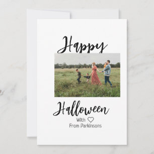 Happy Halloween add family name photo black simple Holiday Card