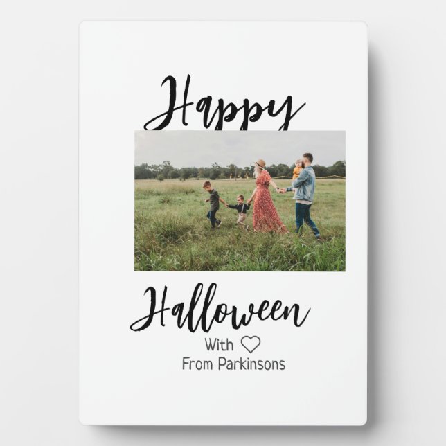 Happy Halloween add family name photo black simple Plaque (Front)