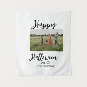 Happy Halloween add family name photo black simple Tapestry