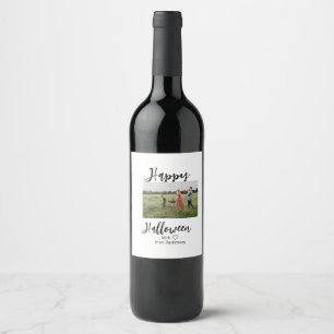 Happy Halloween add family name photo black simple Wine Label