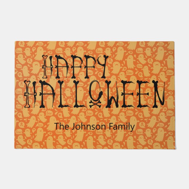 Happy Halloween Add Your Name Orange Black Ghost Doormat (Front)