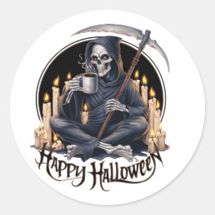 Happy Halloween and a skeleton  Classic Round Sticker