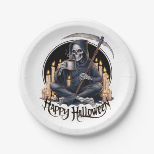 Happy Halloween and a skeleton Paper Plate