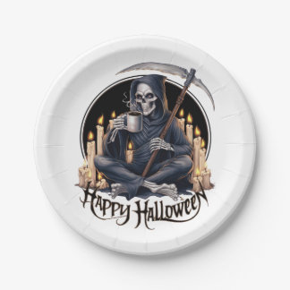 Happy Halloween and a skeleton Paper Plate