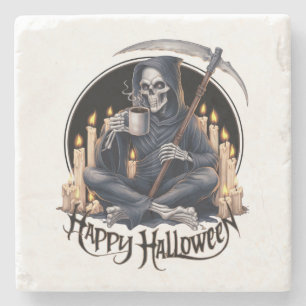 Happy Halloween and a skeleton  Stone Coaster