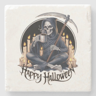 Happy Halloween and a skeleton Stone Coaster