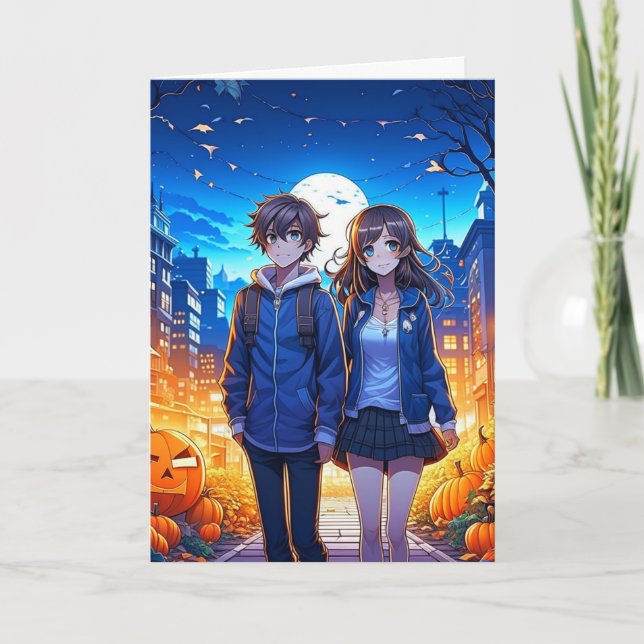 Happy Halloween | Anime Couple Holding Hands Card (Front)