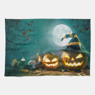 Happy Halloween Art Funny Jack O Lantern Halloween Tea Towel