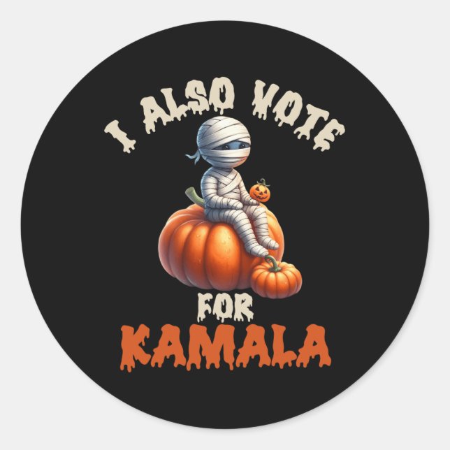 Happy Halloween As Mummy With Carved Pumpkin - Kam Classic Round Sticker (Front)