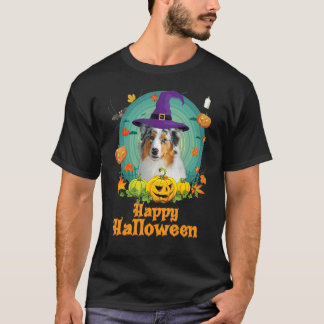 Happy Halloween Aussie Dog Pumpkin Witch Ghost Cut T-Shirt