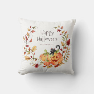 Happy Halloween Autumn Foliage Black Cat  Cushion