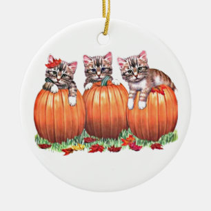 Happy Halloween Autumn Kittens on Pumpkins, ZSSG Ceramic Tree Decoration