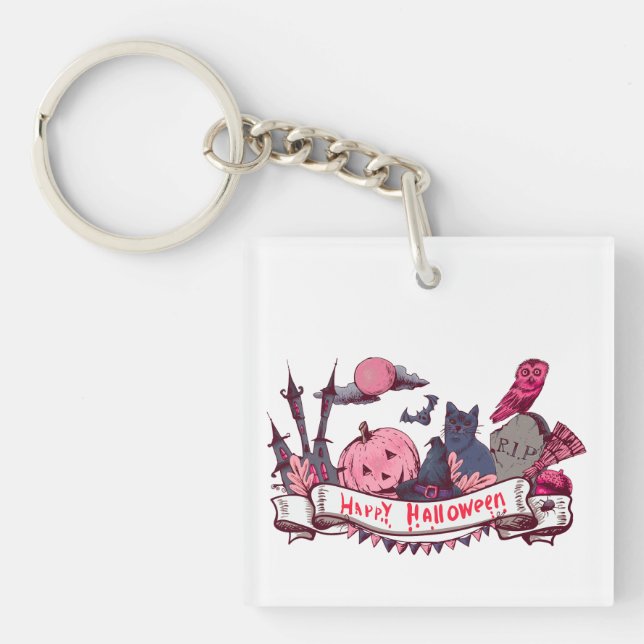 Happy Halloween Banner with Castle, Pumpkin, Black Key Ring (Front)
