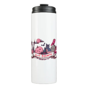 Happy Halloween Banner with Castle, Pumpkin, Black Thermal Tumbler