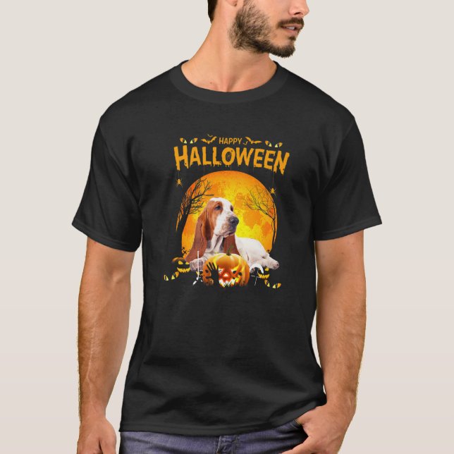 Happy Halloween Basset Hound Dog Pumpkin Costumes T-Shirt (Front)