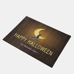Happy Halloween Bat & Moon Rustic Background Doormat