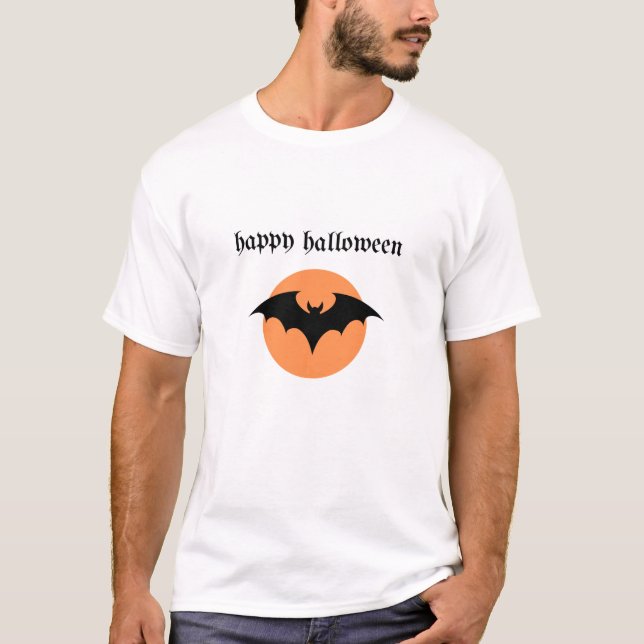 Happy Halloween – Bat Silhouette with Orange Moon T-Shirt (Front)