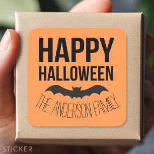 Happy Halloween Bat with Black Name Square Sticker
