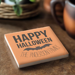 Happy Halloween Bat with Black Name Stone Coaster
