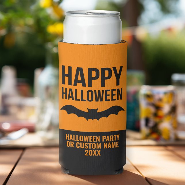Happy Halloween Bat with Party Name - black orange Seltzer Can Cooler (Halloween Party Personalized can coolers - add your name)