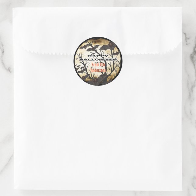 Happy Halloween Bats and Burnt Parchment Classic Round Sticker (Bag)