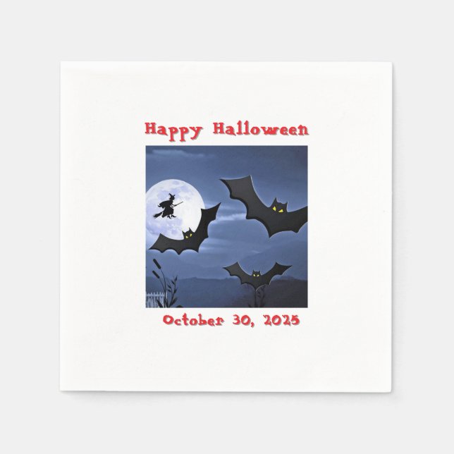 Happy Halloween Bats and Flying Witch Napkin (Front)