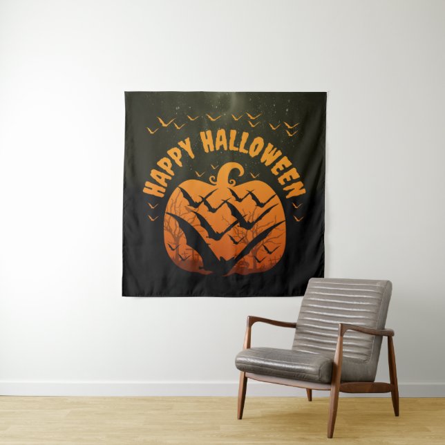 HAPPY HALLOWEEN BATS AND PUMPKIN  TAPESTRY (In Situ)
