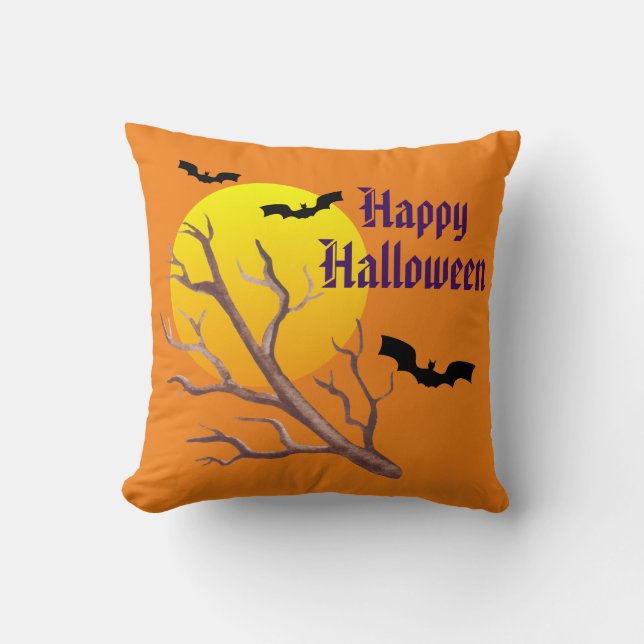 Happy Halloween Bats And The Moon Cushion (Front)