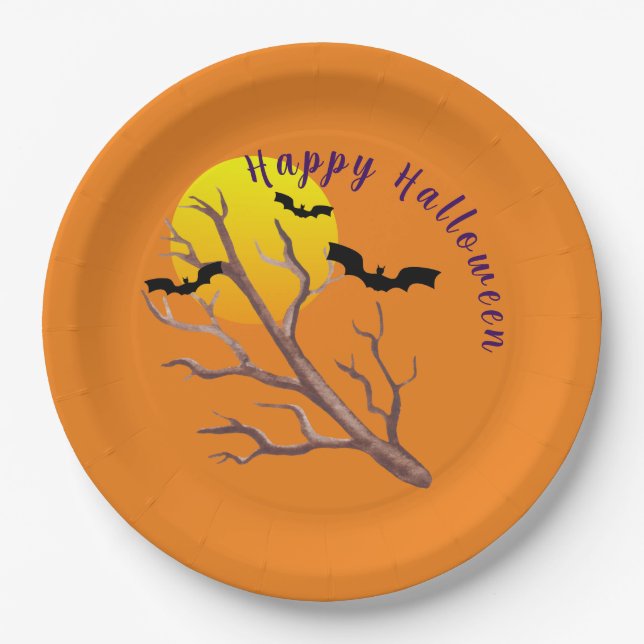 Happy Halloween Bats And The Moon Paper Plate (Front)