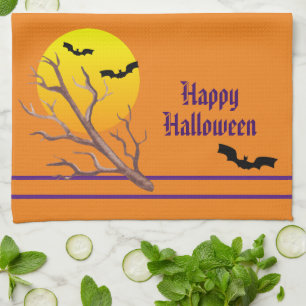 Happy Halloween Bats And The Moon Tea Towel