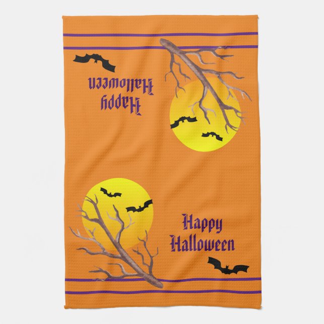Happy Halloween Bats And The Moon Tea Towel (Vertical)