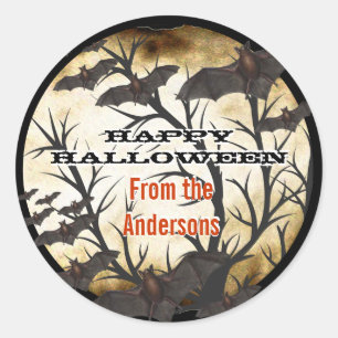 Happy Halloween Bats and Tree Burnt Parchment Classic Round Sticker