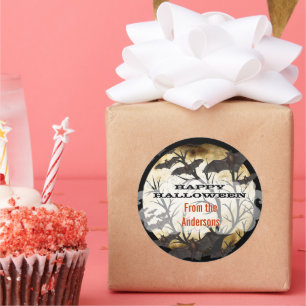 Happy Halloween Bats and Tree Burnt Parchment Classic Round Sticker