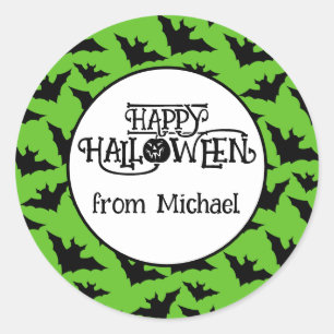 Happy Halloween bats green black spooky Your name Classic Round Sticker