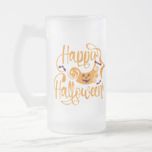 Happy Halloween bats  jack o lantern   Frosted Glass Beer Mug
