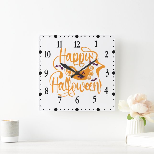 Happy Halloween bats  jack o lantern Square Wall Clock (Home)