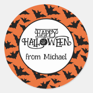 Happy Halloween bats orange black spooky Your name Classic Round Sticker