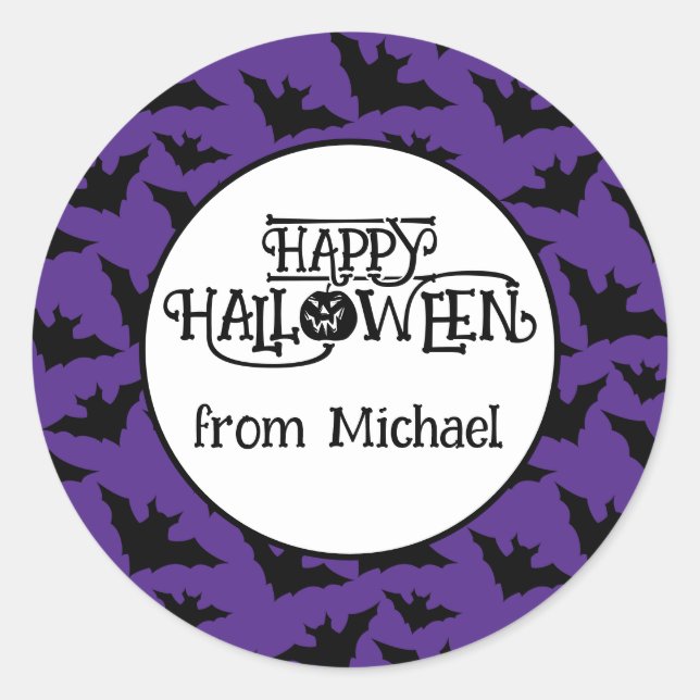 Happy Halloween bats purple black spooky Your name Classic Round Sticker (Front)