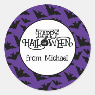 Happy Halloween bats purple black spooky Your name Classic Round Sticker
